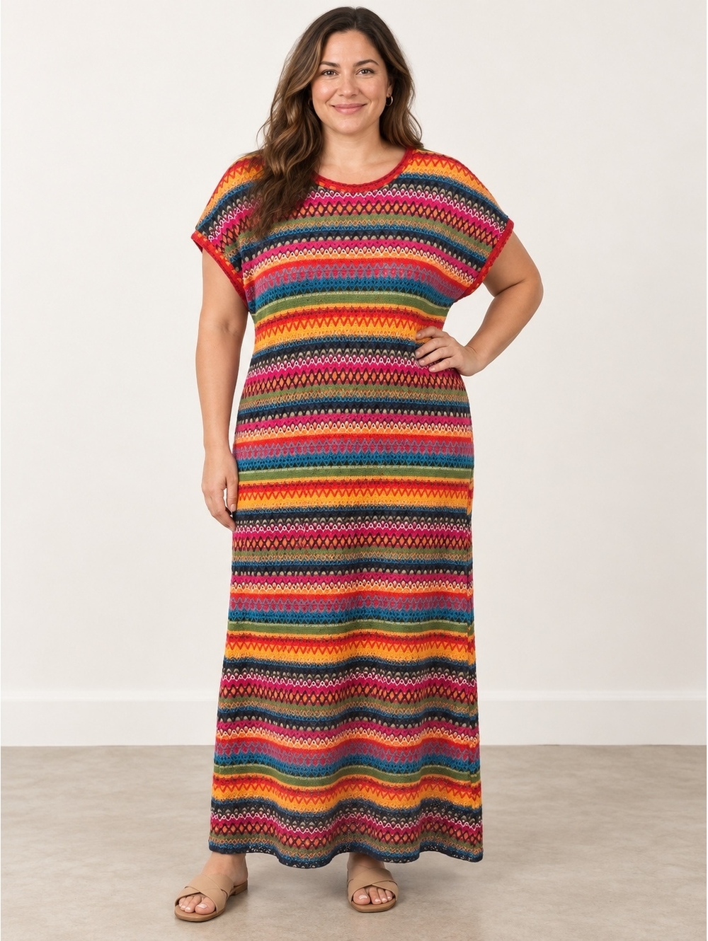 Multicolor southwestern Chevron Knit Maxi Dress Boho Festival Retro